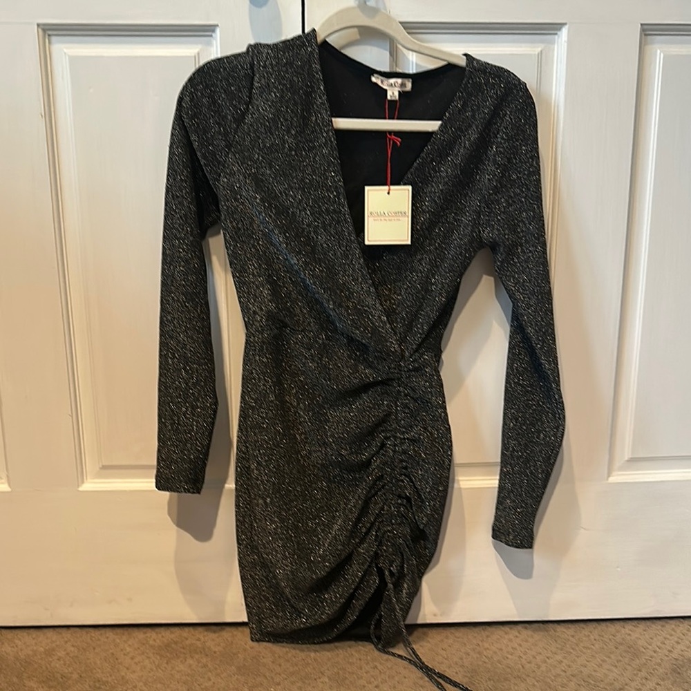 Rolla Coster Black Ruched Wrap Dress V-Neck Long Sleeve